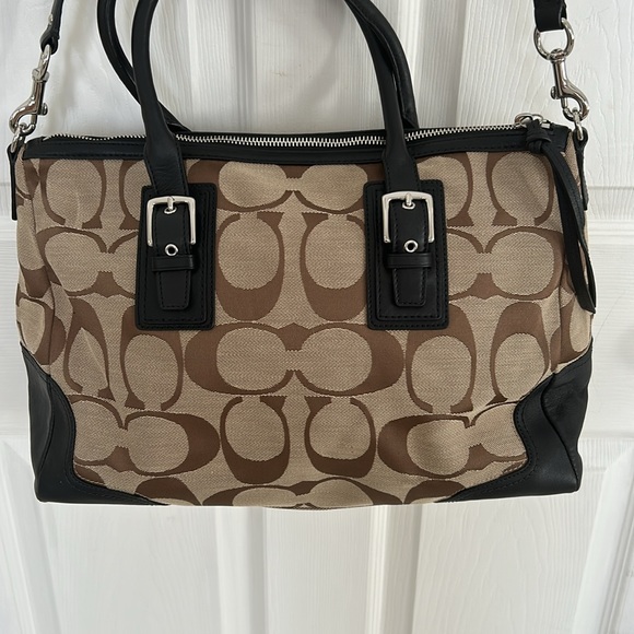 NWT Coach Signature Hampton Carryall Khaki Black leather shoulder bag F13812 - Picture 4 of 8